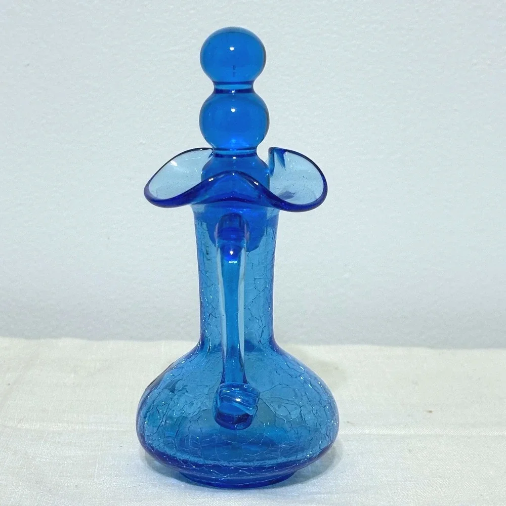 Rainbow Art Glass Cobalt Blue Crackle Glass Decanter Pitcher Triple Ball Stopper